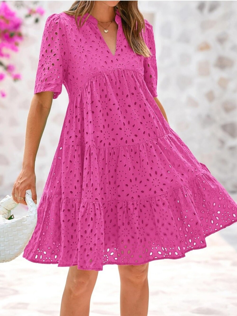 Women's Pink Embroidered Eyelet Lace Tiered Babydoll Dress- Full & Plus Sizes